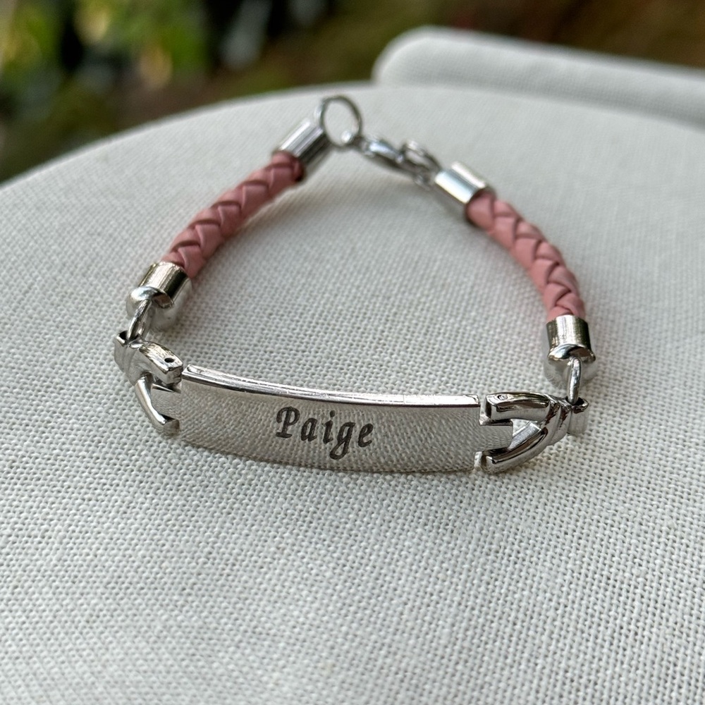 ✨ Personalized “Paige” Pink Braided Leather & Silver-Tone Bracelet